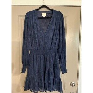 Lilly Pulitzer Navy Blue Textured Floral V Neck Long Sleeve Elastic Waist Sz 16